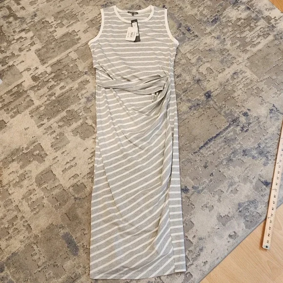 NWT Michael Stars Grey White Stripe Twist Front Sleeveless Midi Maxi Dress Sz M. - Picture 9 of 11